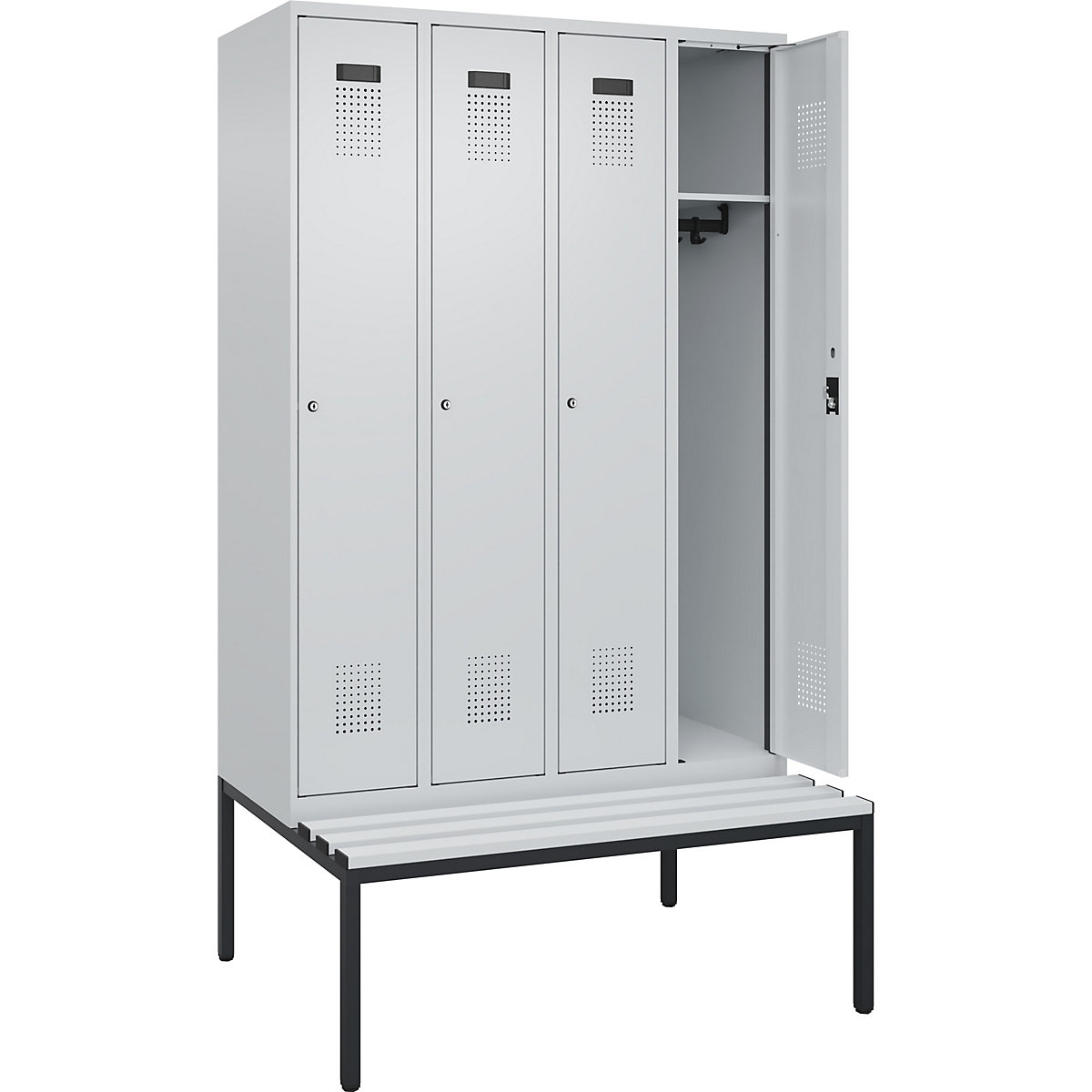 Szafka Evolo PLUS na ławeczce, 4 przedziały, jasnoszara / jasnoszara, szer. 1200 mm, zamek bębenkowy, z ławeczką na nogach, tworzywo-0