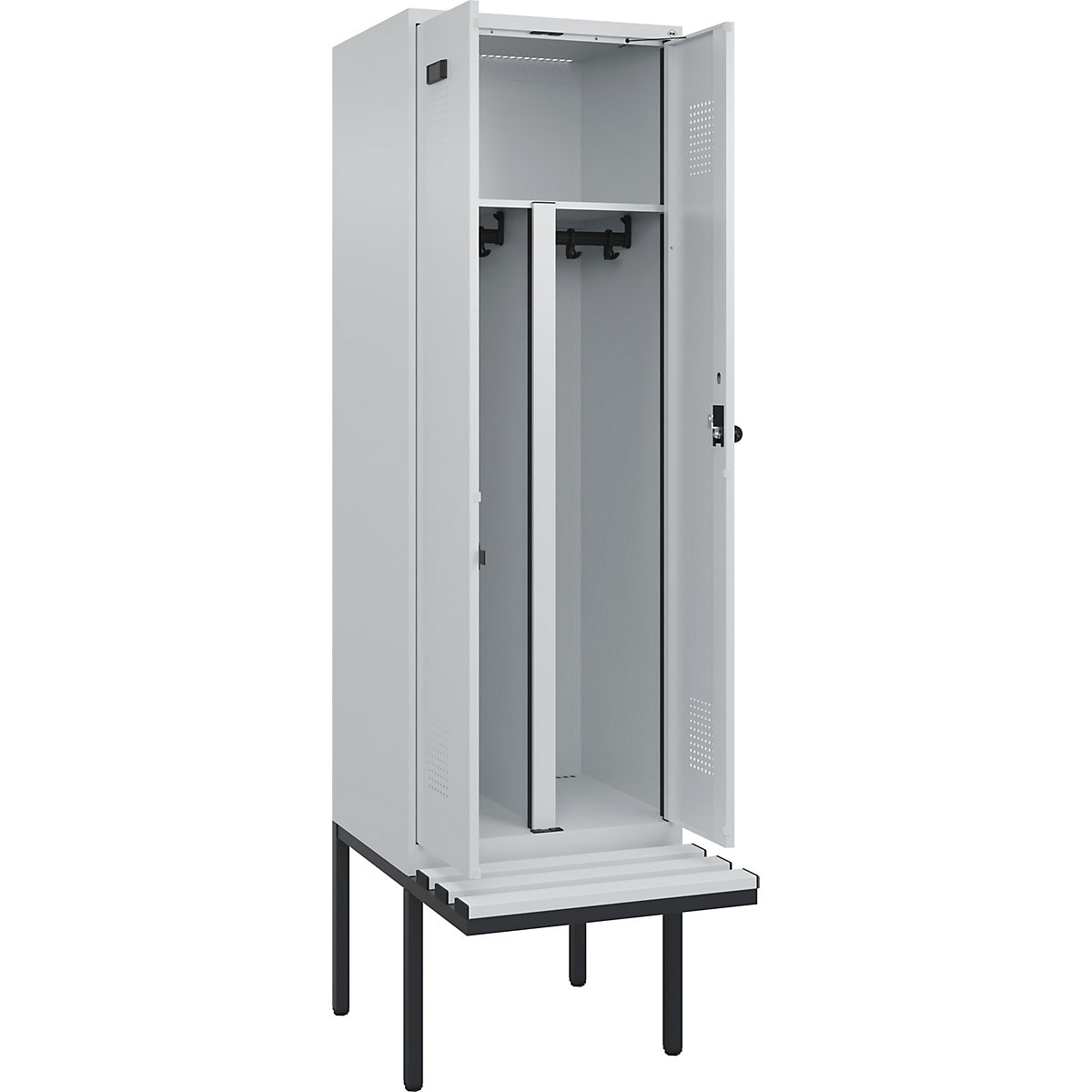 Szafka Evolo PLUS na odzież prywatną i roboczą, na ławeczce, 2 przedziały, ścianka działowa skrócona, jasnoszara / jasnoszara, szer. 600 mm, zabezpieczający rygiel obrotowy, z ławeczką na wsporniku, tworzywo-0