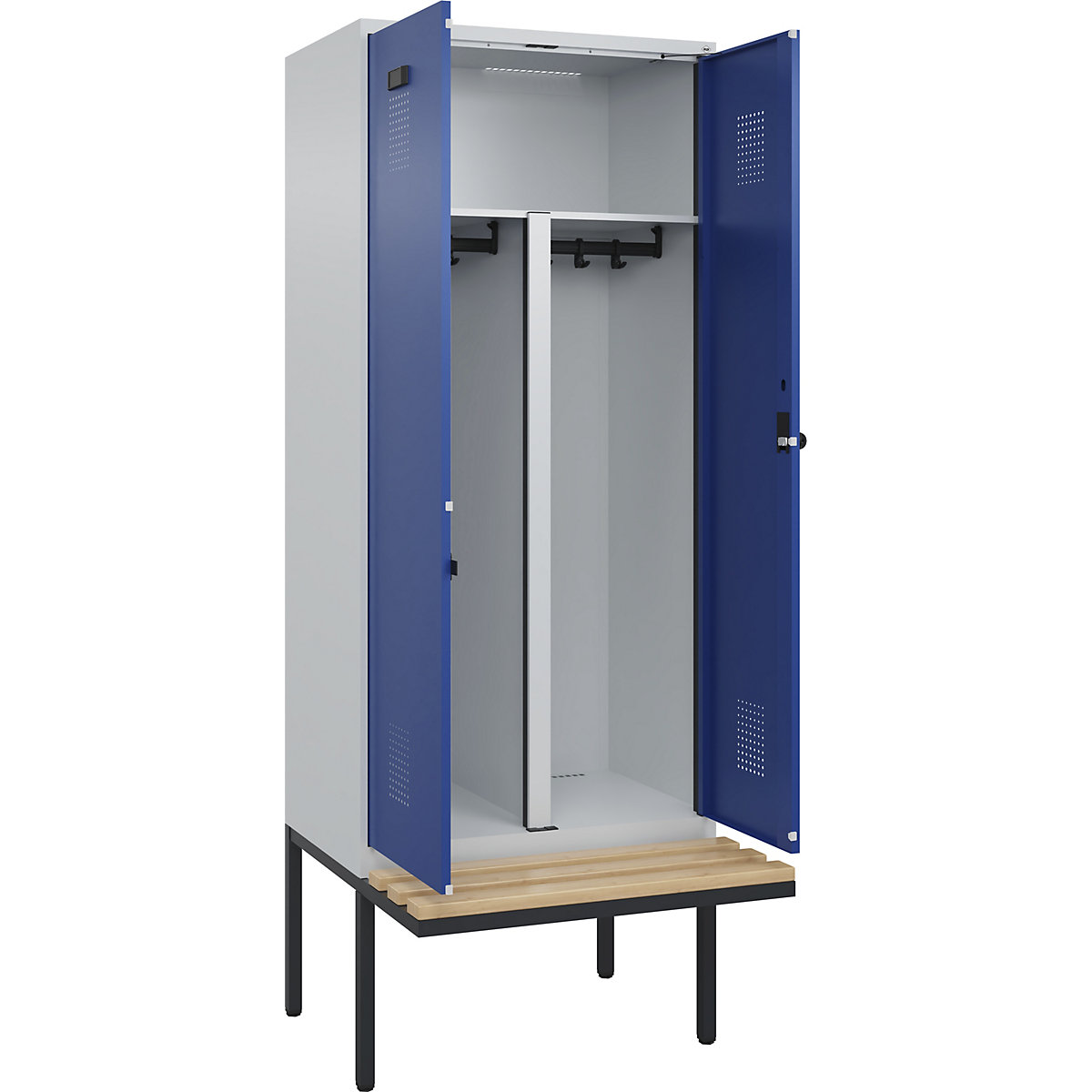 Szafka Evolo PLUS na odzież prywatną i roboczą, na ławeczce, 2 przedziały, ścianka działowa skrócona, jasnoszara / niebieski gencjanowy, szer. 800 mm, zabezpieczający rygiel obrotowy, z ławeczką na wsporniku, buk-0