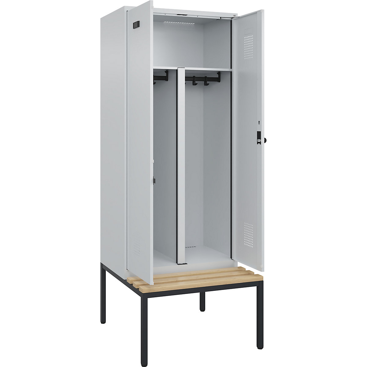 Szafka Evolo PLUS na odzież prywatną i roboczą, na ławeczce, 2 przedziały, ścianka działowa skrócona, jasnoszara / jasnoszara, szer. 800 mm, zabezpieczający rygiel obrotowy, z ławeczką na nogach, buk-0