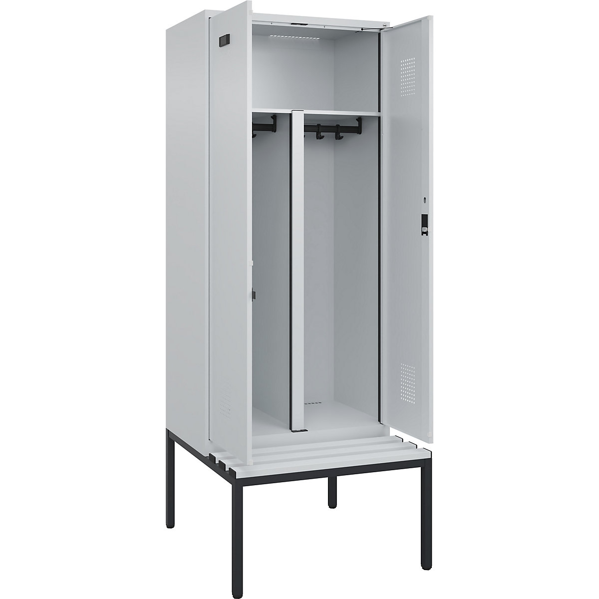 Szafka Evolo PLUS na odzież prywatną i roboczą, na ławeczce, 2 przedziały, ścianka działowa skrócona, jasnoszara / jasnoszara, szer. 800 mm, zamek bębenkowy, z ławeczką na nogach, tworzywo-0
