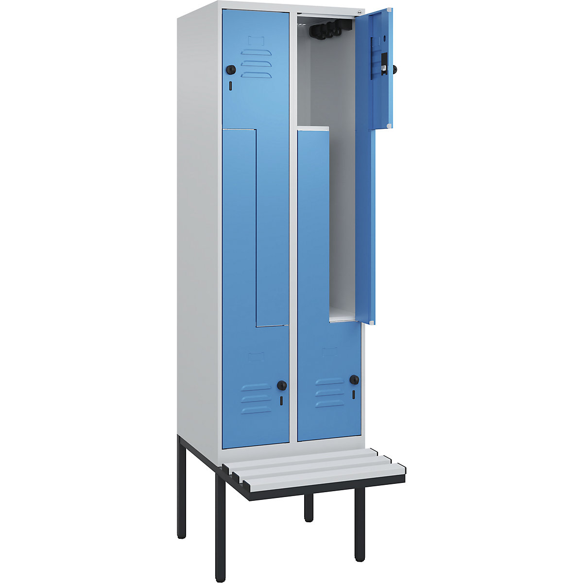 Szafka typu L Classic PLUS na ławeczce – C+P, 2 przedziały, jasnoszara / jasnoniebieska, szer. 600 mm, zabezpieczający rygiel obrotowy, ławeczka na wsporniku, tworzywo-0