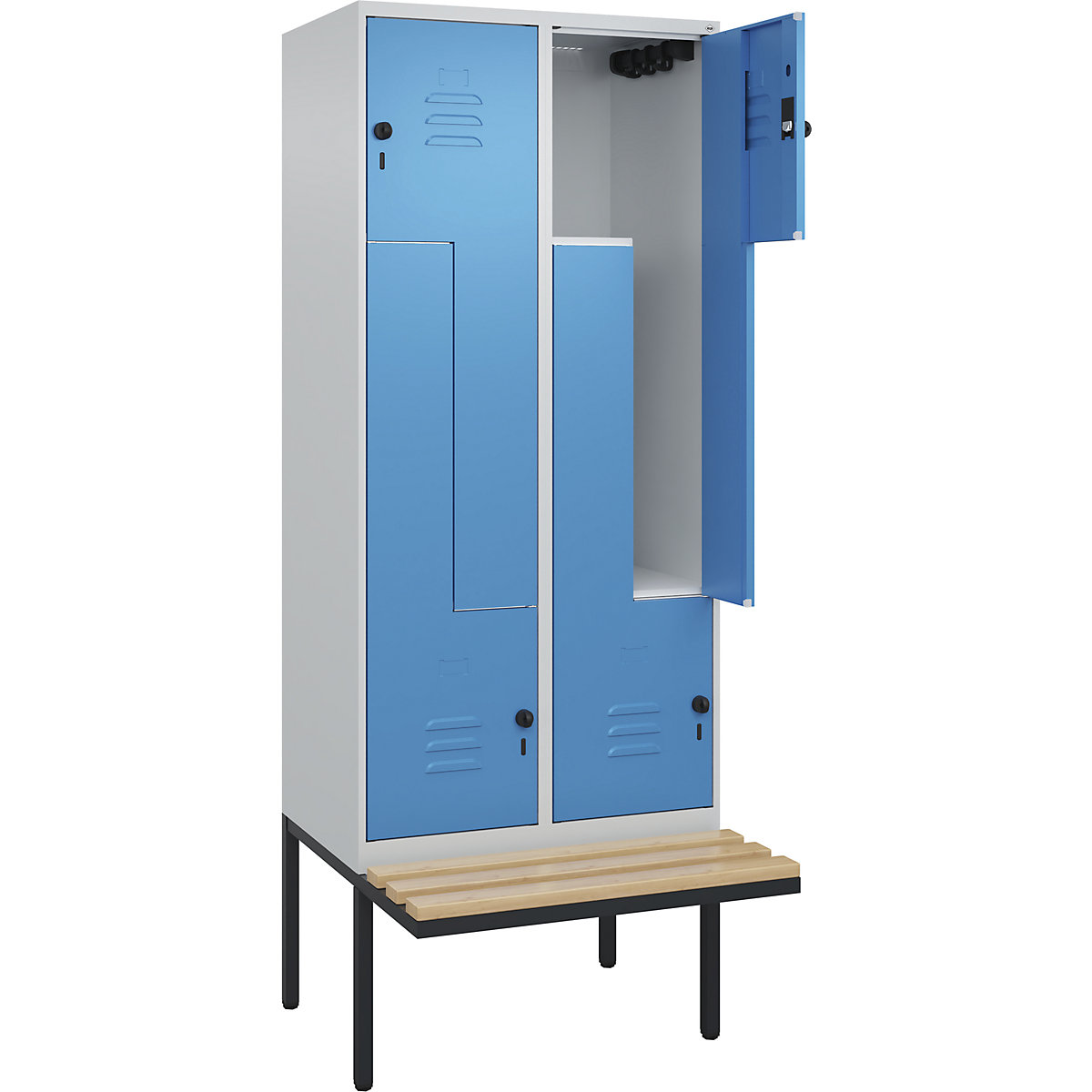 Szafka typu L Classic PLUS na ławeczce – C+P, 2 przedziały, jasnoszara / jasnoniebieska, szer. 800 mm, zabezpieczający rygiel obrotowy, ławeczka na wsporniku, twarde drewno bukowe-0
