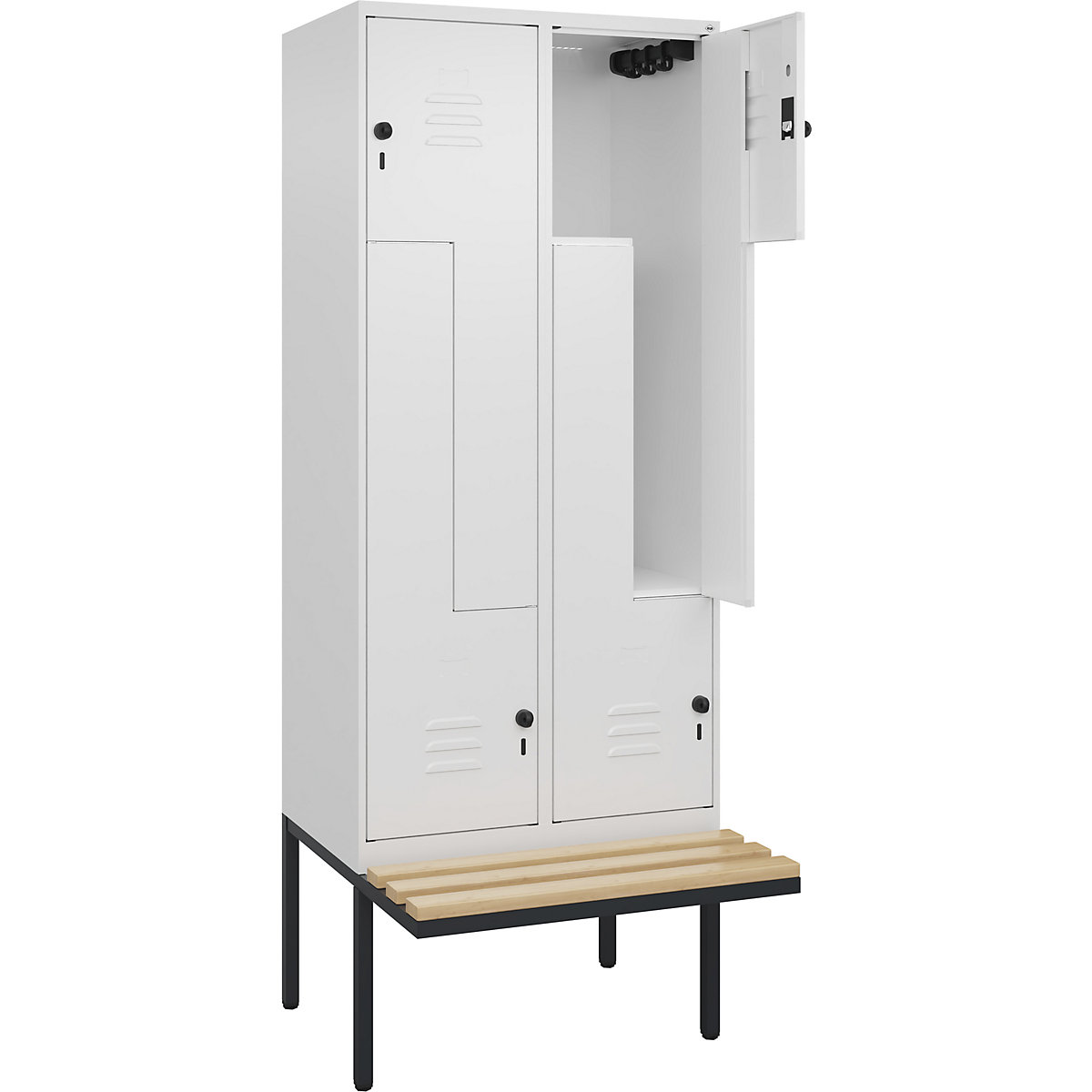 Szafka typu L Classic PLUS na ławeczce – C+P, 2 przedziały, biały drogowy, szer. 800 mm, zabezpieczający rygiel obrotowy, ławeczka na wsporniku, twarde drewno bukowe-0
