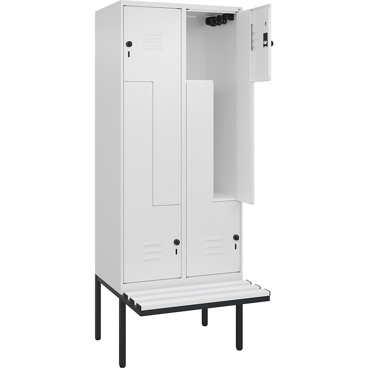 Szafka typu L Classic PLUS na ławeczce – C+P, 2 przedziały, biały drogowy, szer. 800 mm, zabezpieczający rygiel obrotowy, ławeczka na wsporniku, tworzywo-0