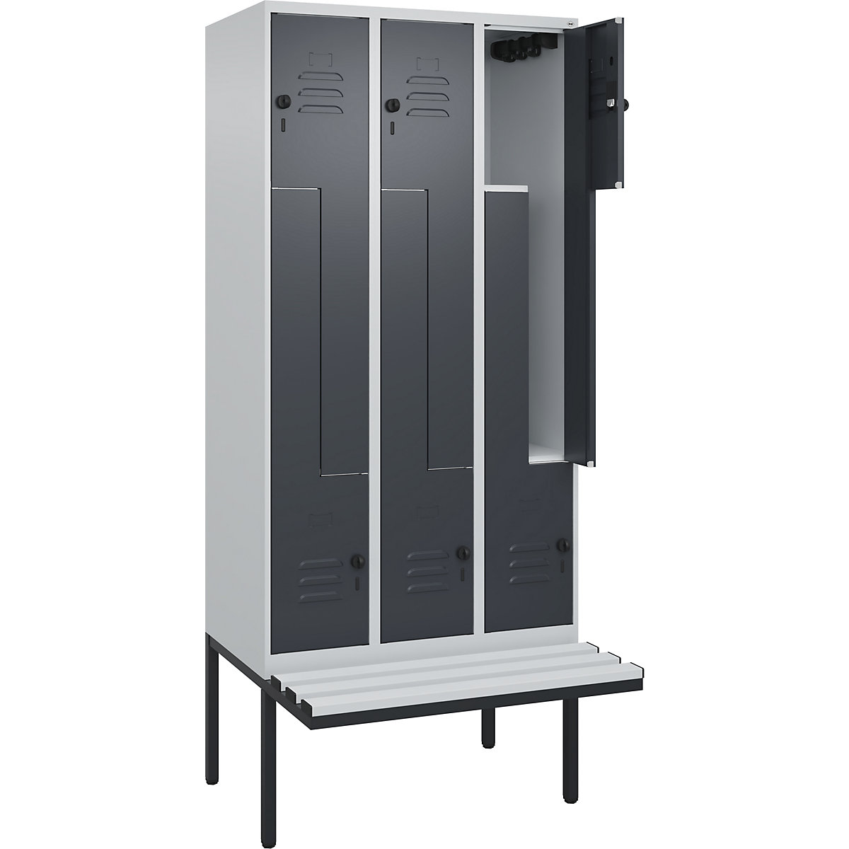 Szafka typu L Classic PLUS na ławeczce – C+P, 3 przedziały, jasnoszara / szara, szer. 900 mm, zabezpieczający rygiel obrotowy, ławeczka na wsporniku, tworzywo-0
