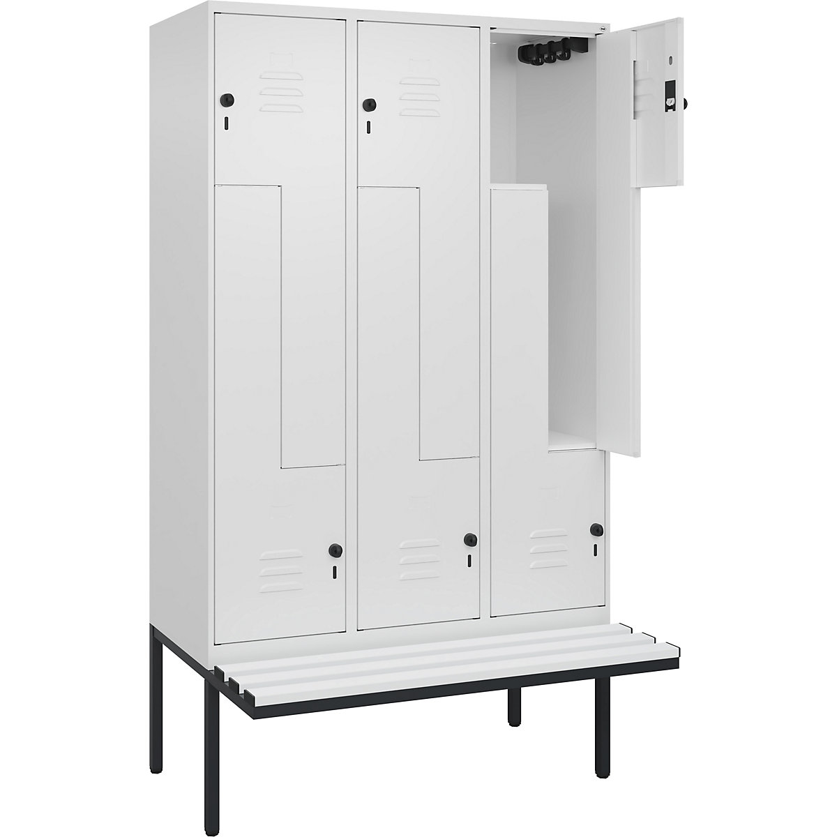 Szafka typu L Classic PLUS na ławeczce – C+P, 3 przedziały, biały drogowy, szer. 1200 mm, zabezpieczający rygiel obrotowy, ławeczka na wsporniku, tworzywo-0