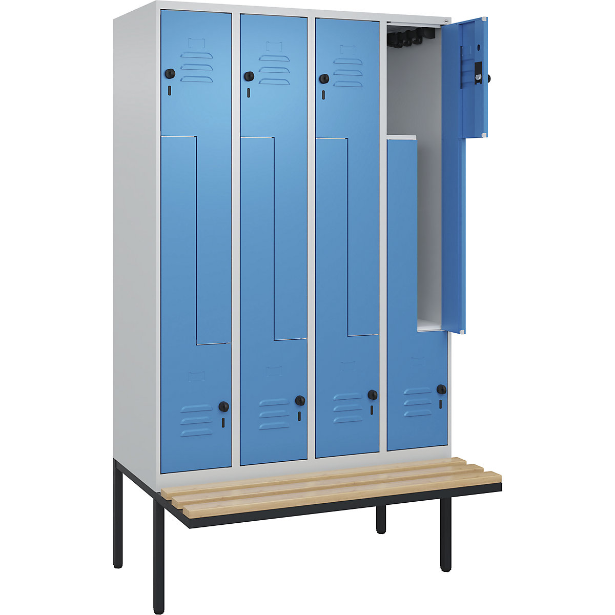 Szafka typu L Classic PLUS na ławeczce – C+P, 4 przedziały, jasnoszara / jasnoniebieska, szer. 1200 mm, zabezpieczający rygiel obrotowy, ławeczka na wsporniku, twarde drewno bukowe-0