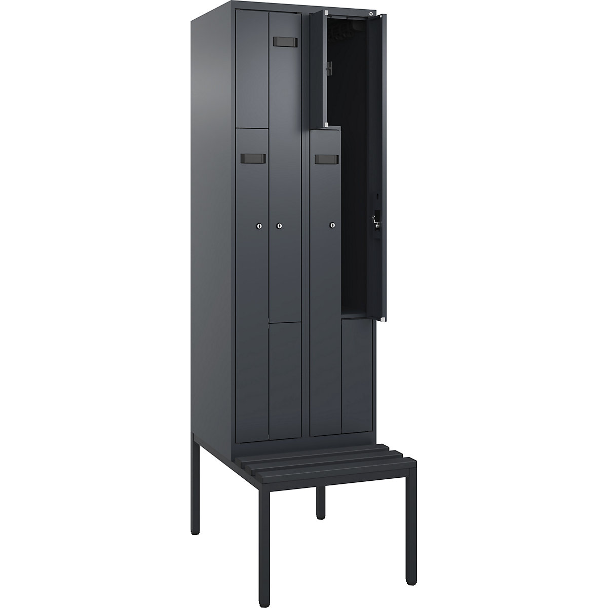 Szafka typu L Evolo PLUS na ławeczce, 2 przedziały, szara, szer. 600 mm, zamek bębenkowy, z ławeczką na nogach, tworzywo-0