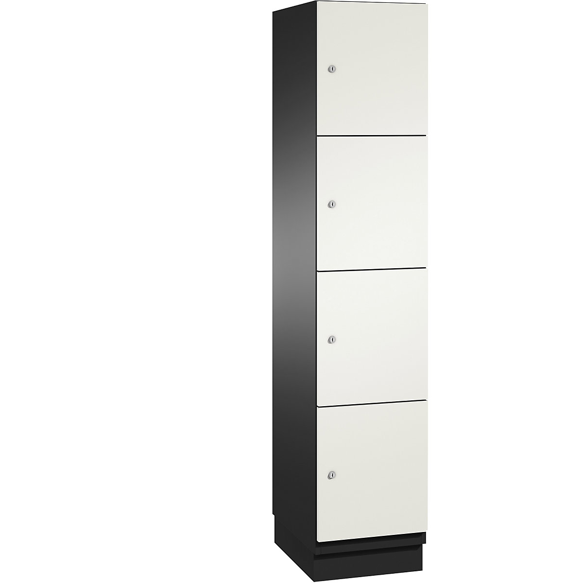 C+P – Skříň s uzamykatelnými boxy CAMBIO s dveřmi z HPL, 4 boxy, korpus černošedý / dveře bílé, šířka 400 mm