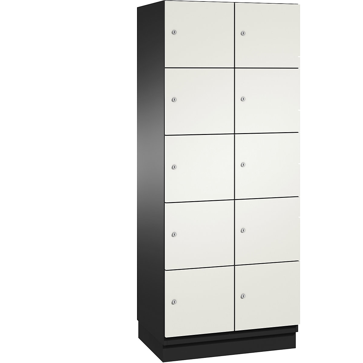 C+P – Skříň s uzamykatelnými boxy CAMBIO s dveřmi z HPL, 10 boxů, korpus černošedý / dveře bílé, šířka 800 mm
