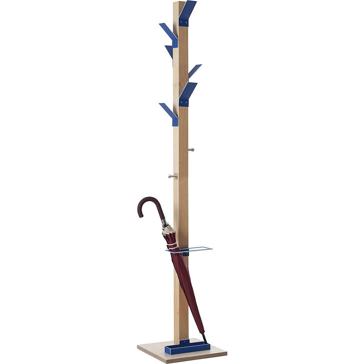 Věšákový stojan, masivní dřevo, s držákem na deštníky a odkapávacím žlábkem, koruna modrá-4