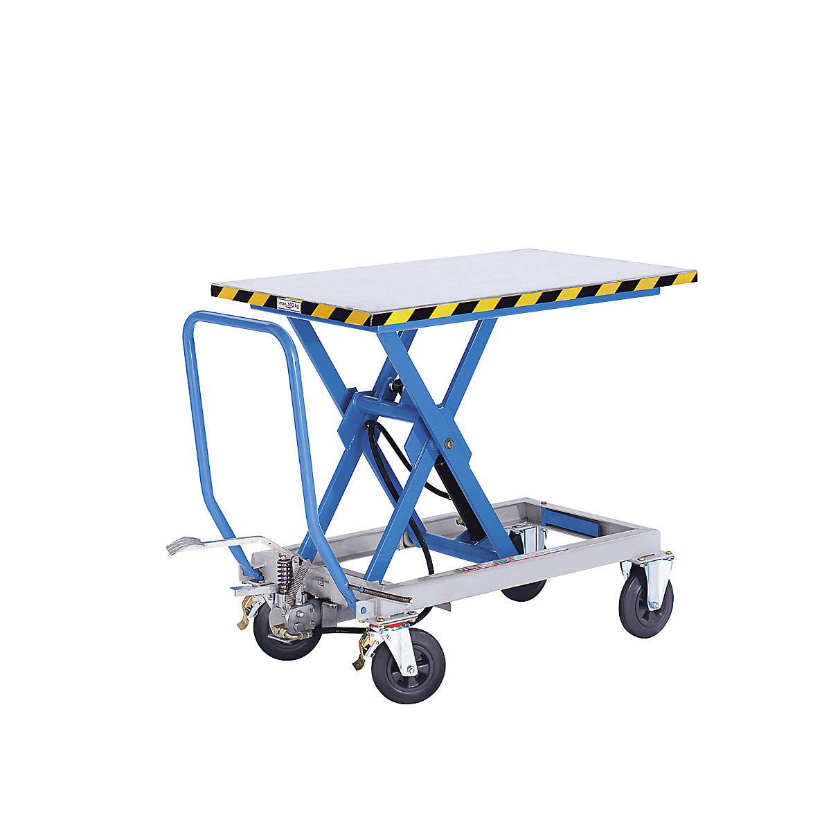 Nůžkový zvedací stolový vozík – eurokraft pro, ruční zdvih, nosnost 500 kg, celopryžové obruče-1