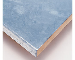 Worktop with chipboard core and 1.5 mm thick sheet steel cover, ideal for heavy mechanical stress