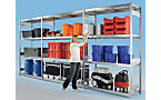 Wide span boltless shelving unit with steel shelves
