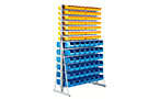 Free standing shelf unit with open fronted storage bins
