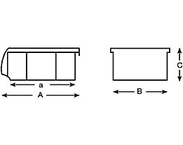 A = external length, a = internal length, B = external width, C = external height