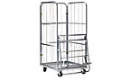 Roll container, front panel folds and swivels