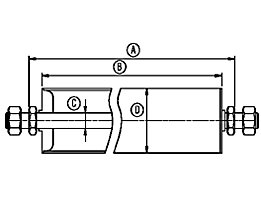 Mit Gewindeachse<br/>A = Einbaulänge<br/>B = Mantellänge<br/>C = Achs-Ø<br/>D = Rollen-Ø