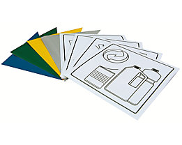 Includes sticker set for separating waste. Consisting of 4 coloured fields (yellow, blue, green, grey) and 7 pictograms (plastic, paper, metal, other waste, biodegradable waste, glass and recyclable waste).