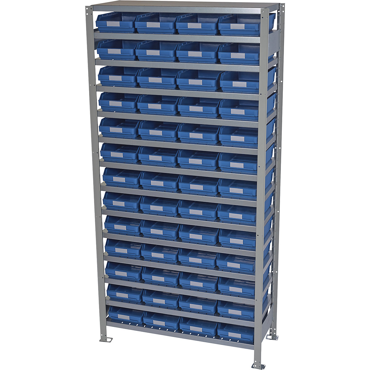 Összedugaszolós állvány dobozokkal – STEMO, állványmagasság 2100 mm, alapállvány, 300 mm mély, 52 kék doboz-23