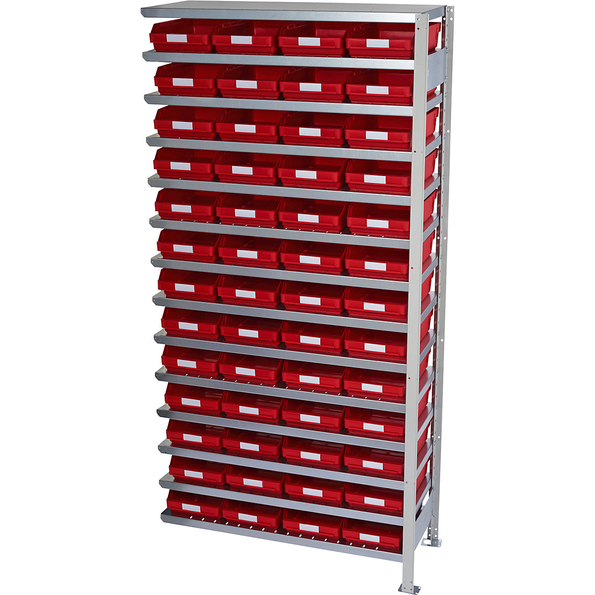 Összedugaszolós állvány dobozokkal – STEMO, állványmagasság 2100 mm, bővítő állvány, 300 mm mély, 52 piros doboz-21