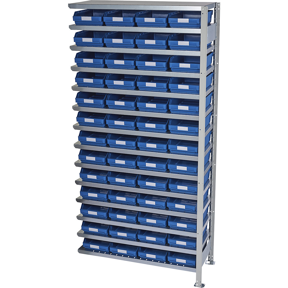 Összedugaszolós állvány dobozokkal – STEMO, állványmagasság 2100 mm, bővítő állvány, 300 mm mély, 52 kék doboz-13