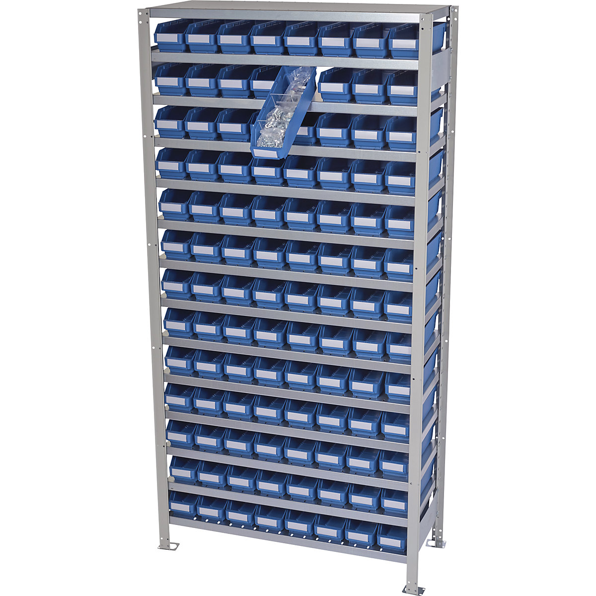 Összedugaszolós állvány dobozokkal – STEMO, állványmagasság 2100 mm, alapállvány, 400 mm mély, 104 kék doboz-19