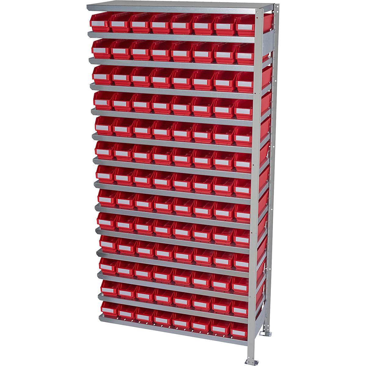 Összedugaszolós állvány dobozokkal – STEMO, állványmagasság 2100 mm, bővítő állvány, 400 mm mély, 104 piros doboz-12