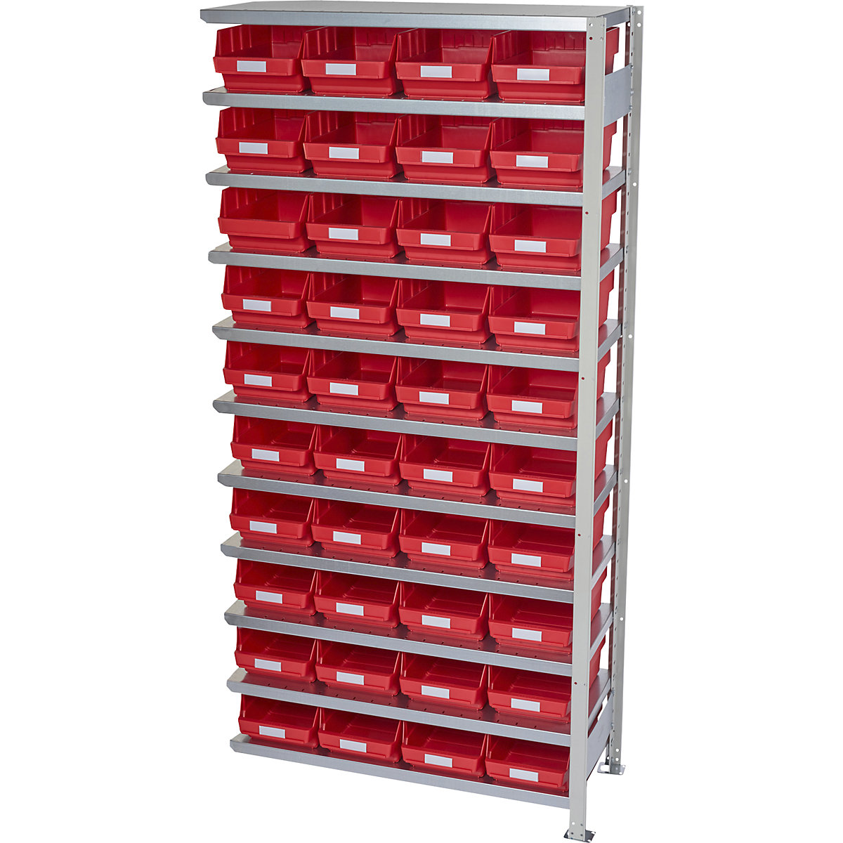 Összedugaszolós állvány dobozokkal – STEMO, állványmagasság 2100 mm, bővítő állvány, 400 mm mély, 40 piros doboz-5