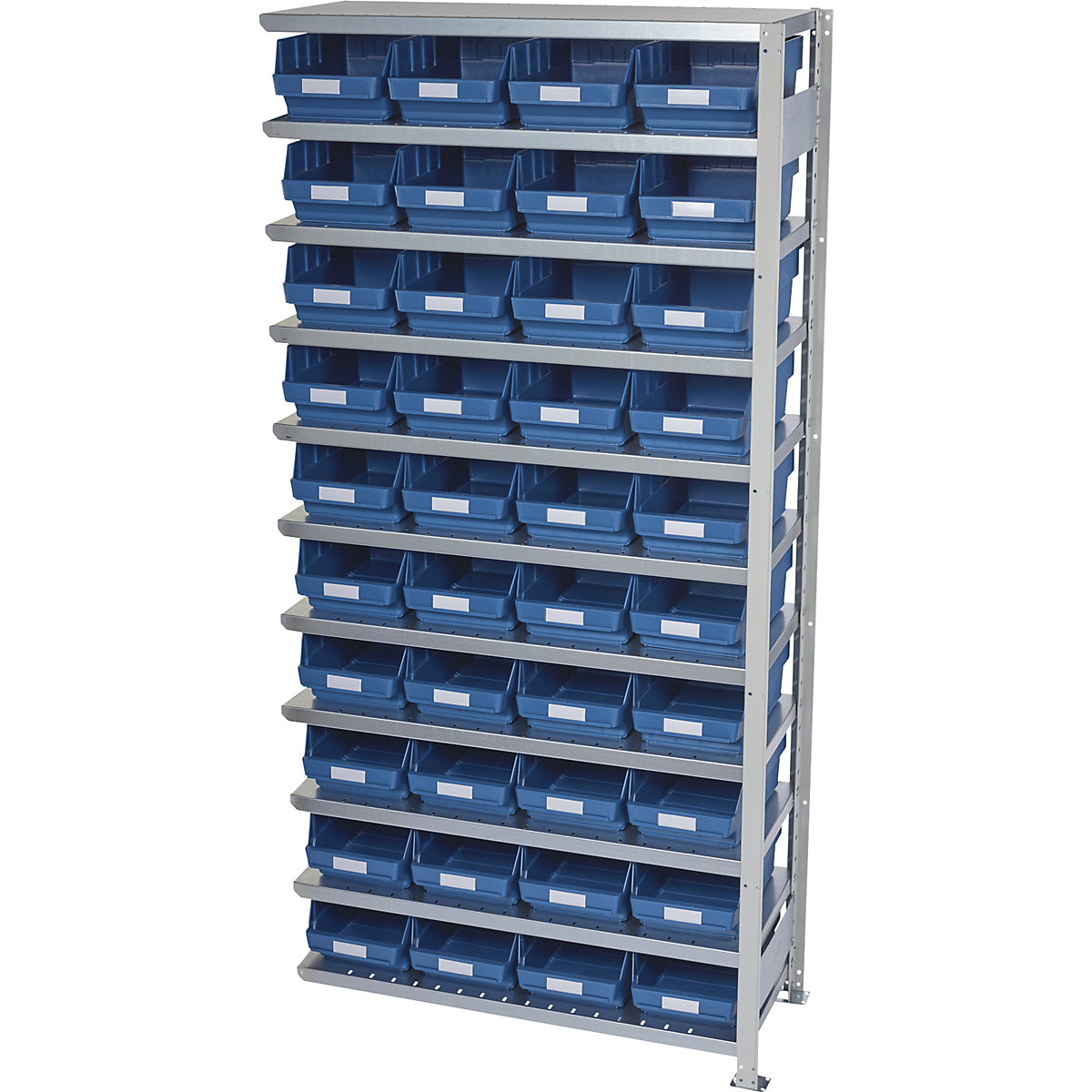 Összedugaszolós állvány dobozokkal – STEMO, állványmagasság 2100 mm, bővítő állvány, 400 mm mély, 40 kék doboz-22