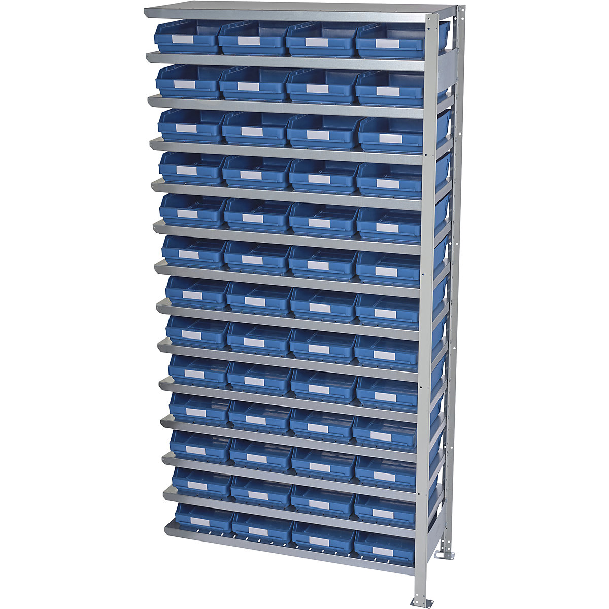 Összedugaszolós állvány dobozokkal – STEMO, állványmagasság 2100 mm, bővítő állvány, 500 mm mély, 52 kék doboz-7