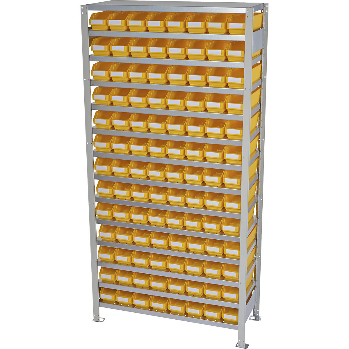 Összedugaszolós állvány dobozokkal – STEMO, állványmagasság 2100 mm, alapállvány, 300 mm mély, 104 sárga doboz-31