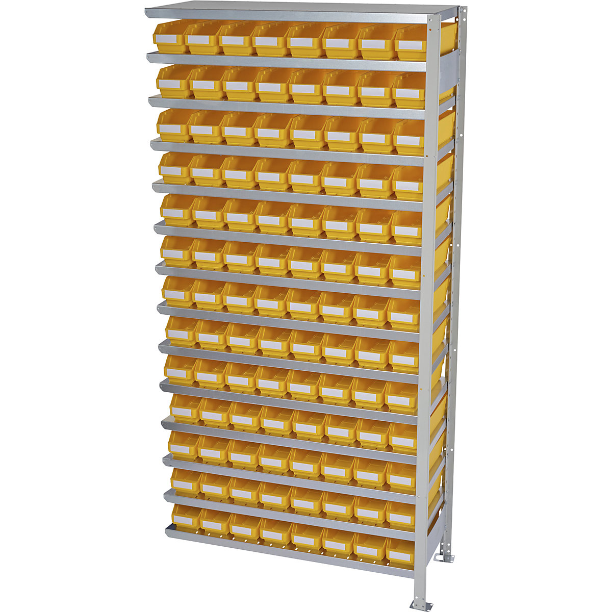 Összedugaszolós állvány dobozokkal – STEMO, állványmagasság 2100 mm, bővítő állvány, 300 mm mély, 104 sárga doboz-14