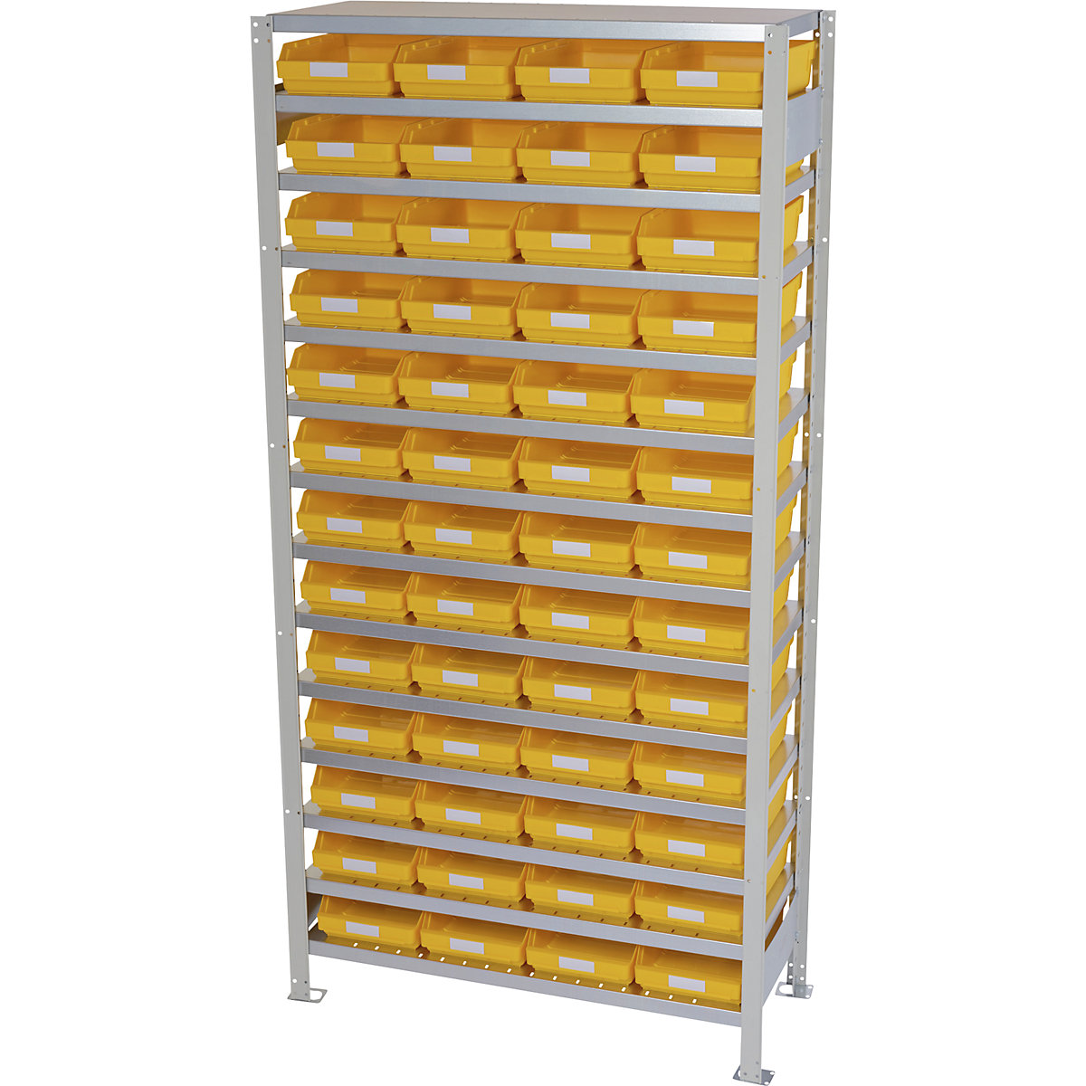 Összedugaszolós állvány dobozokkal – STEMO, állványmagasság 2100 mm, alapállvány, 300 mm mély, 52 sárga doboz-41