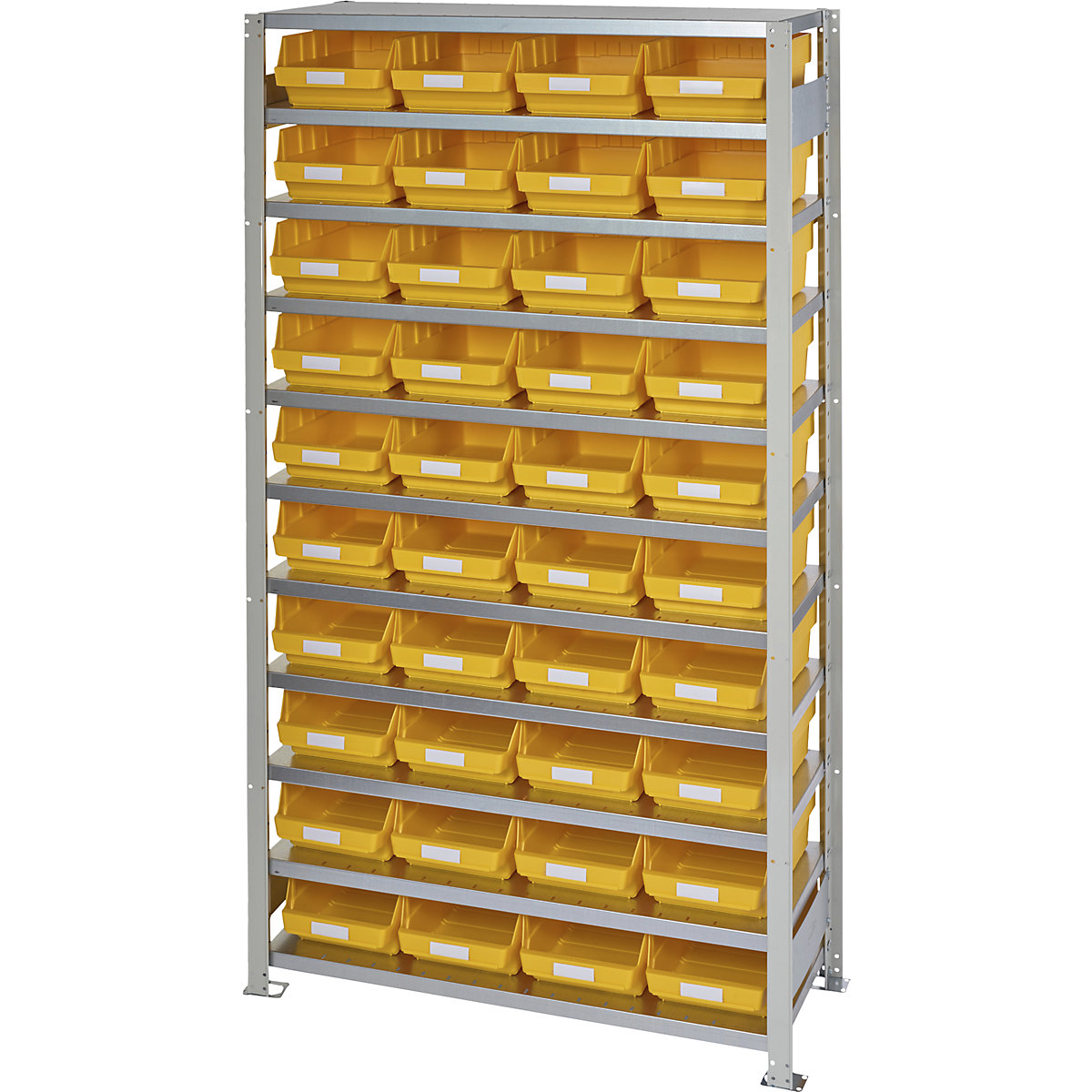 Összedugaszolós állvány dobozokkal – STEMO, állványmagasság 2100 mm, alapállvány, 400 mm mély, 40 sárga doboz-42