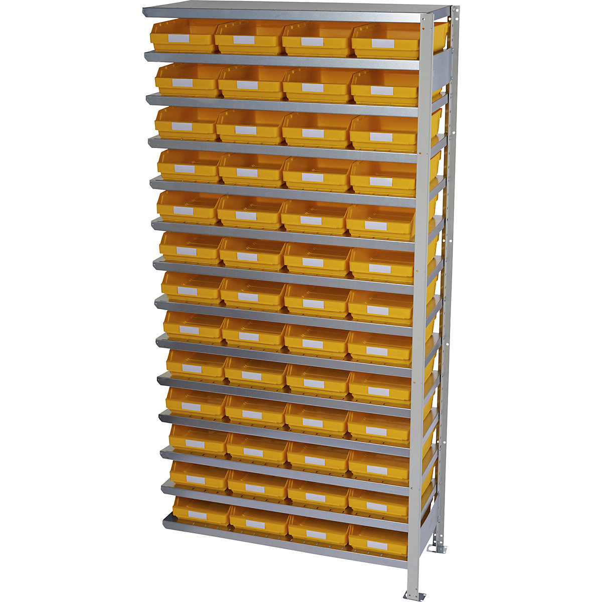 Összedugaszolós állvány dobozokkal – STEMO, állványmagasság 2100 mm, bővítő állvány, 500 mm mély, 52 sárga doboz-24