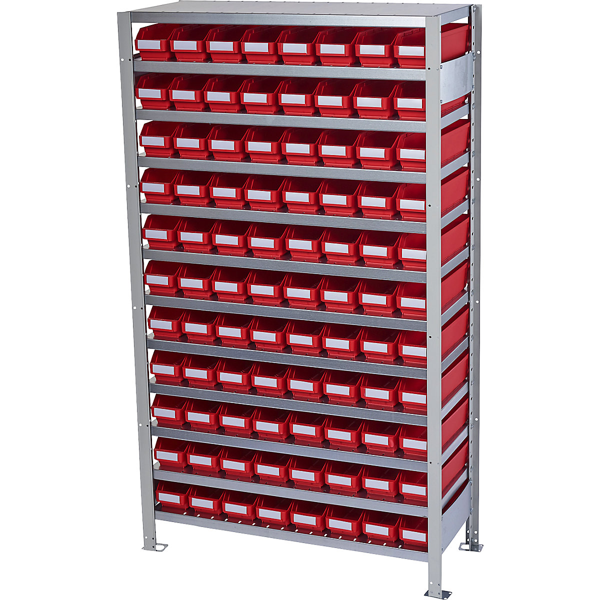 Összedugaszolós állvány dobozokkal – STEMO, állványmagasság 1790 mm, alapállvány, 300 mm mély, 88 piros doboz-24