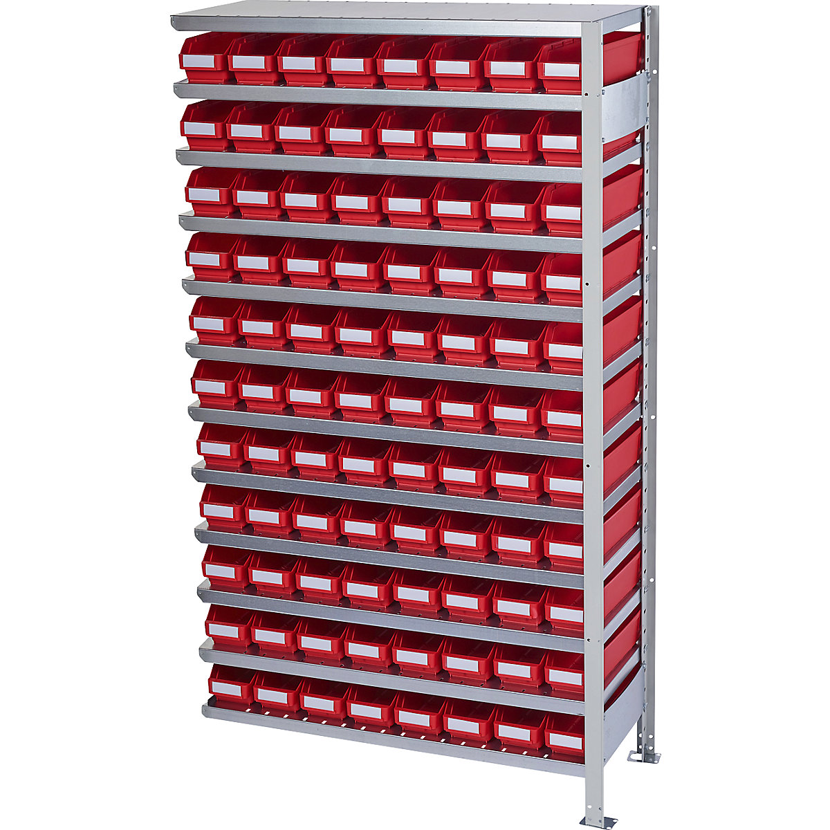 Összedugaszolós állvány dobozokkal – STEMO, állványmagasság 1790 mm, bővítő állvány, 300 mm mély, 88 piros doboz-28