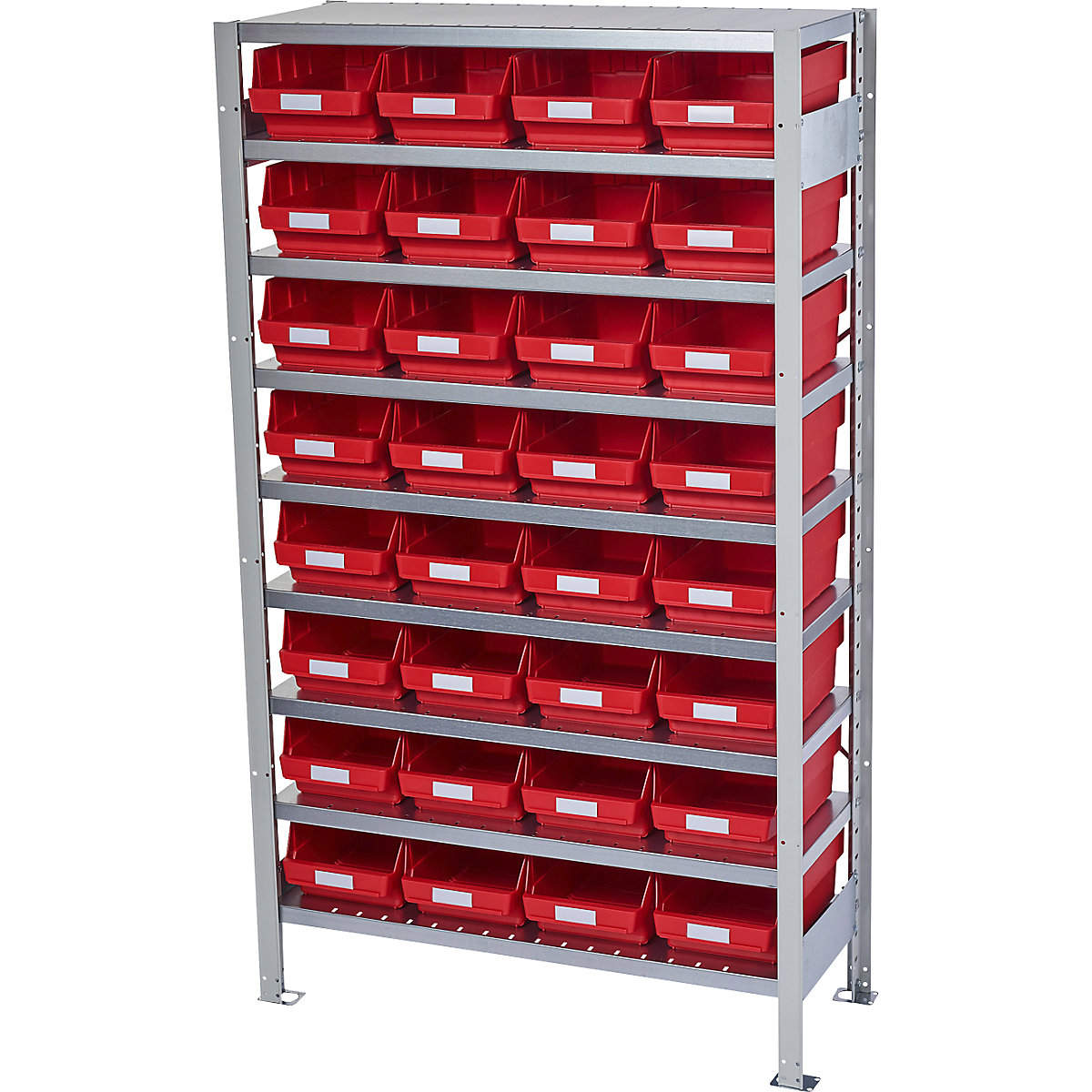 Összedugaszolós állvány dobozokkal – STEMO, állványmagasság 1790 mm, alapállvány, 400 mm mély, 32 piros doboz-26