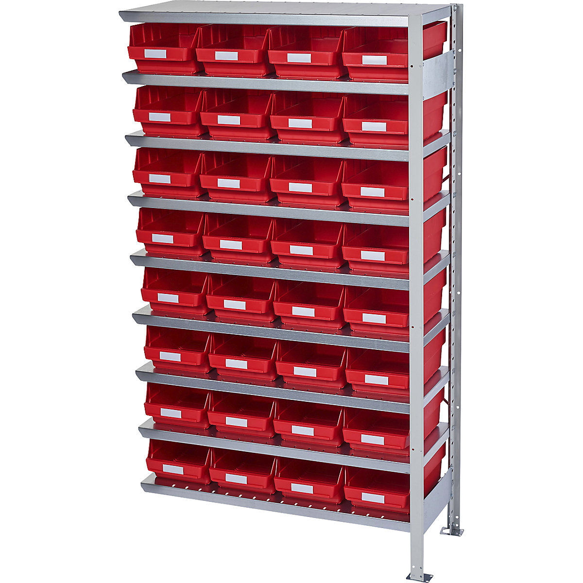Összedugaszolós állvány dobozokkal – STEMO, állványmagasság 1790 mm, bővítő állvány, 400 mm mély, 32 piros doboz-35