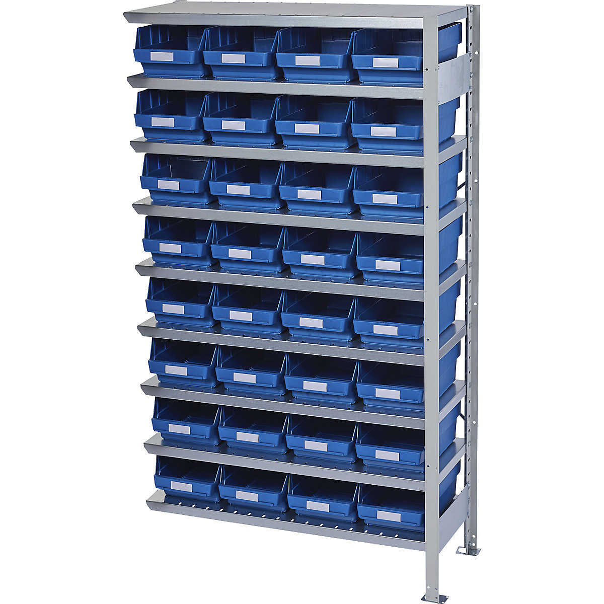 Összedugaszolós állvány dobozokkal – STEMO, állványmagasság 1790 mm, bővítő állvány, 400 mm mély, 32 kék doboz-23