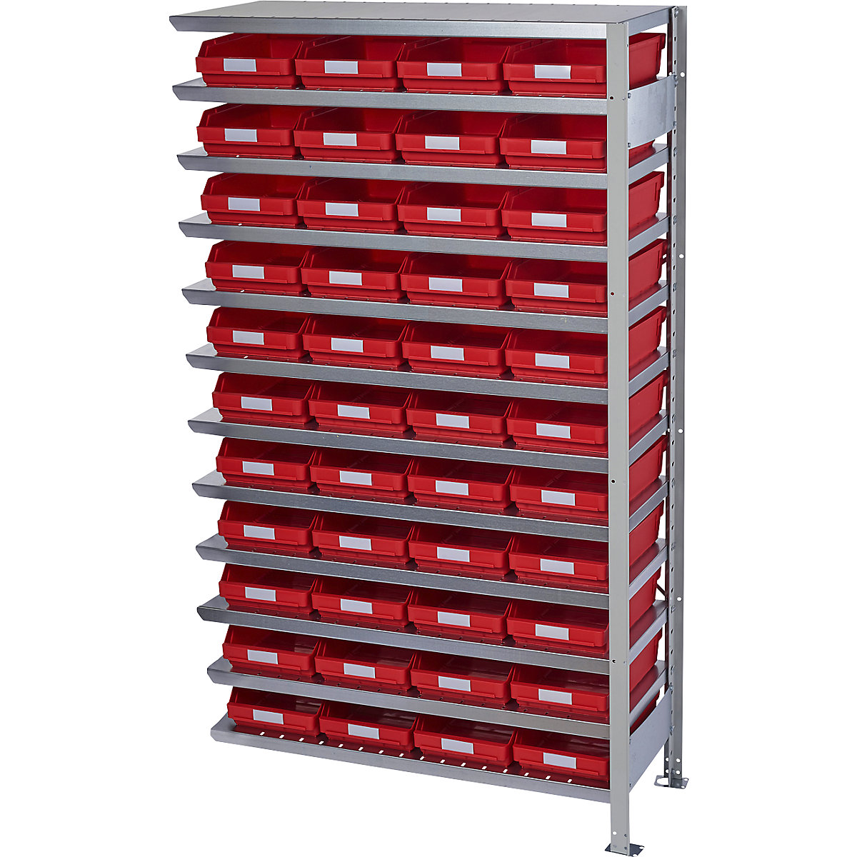 Összedugaszolós állvány dobozokkal – STEMO, állványmagasság 1790 mm, bővítő állvány, 500 mm mély, 44 piros doboz-25