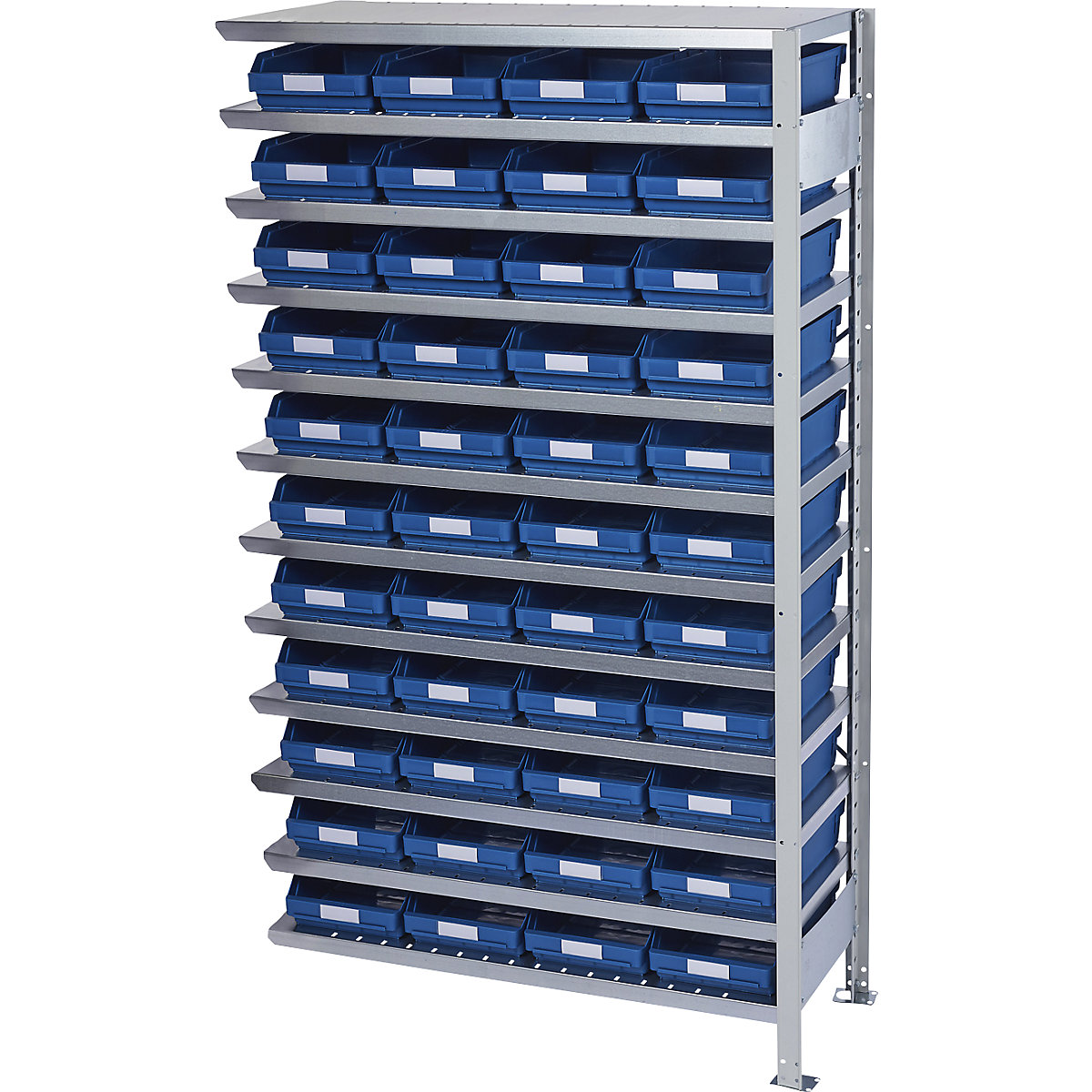 Összedugaszolós állvány dobozokkal – STEMO, állványmagasság 1790 mm, bővítő állvány, 500 mm mély, 44 kék doboz-31
