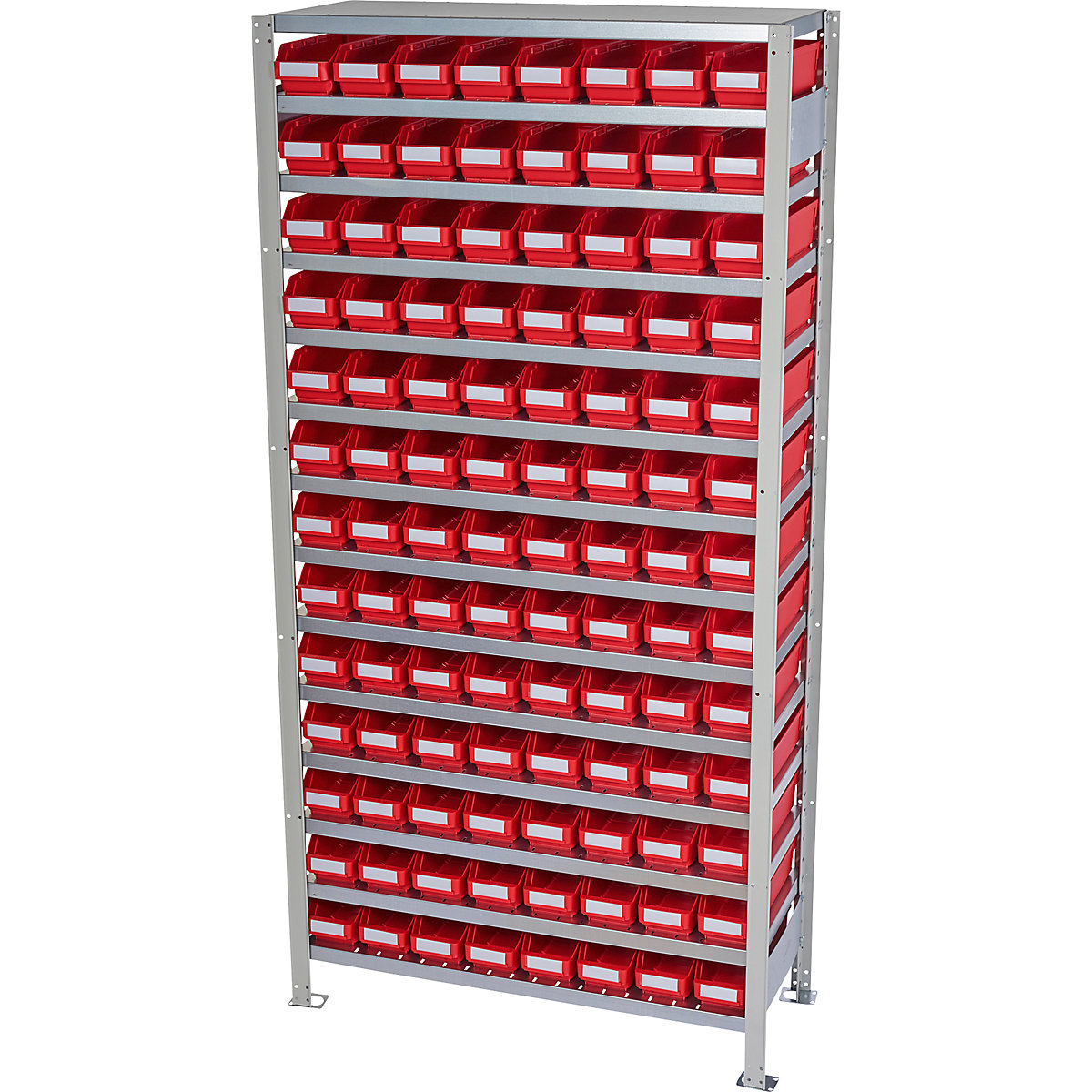 Összedugaszolós állvány dobozokkal – STEMO, állványmagasság 2100 mm, alapállvány, 300 mm mély, 104 piros doboz-16