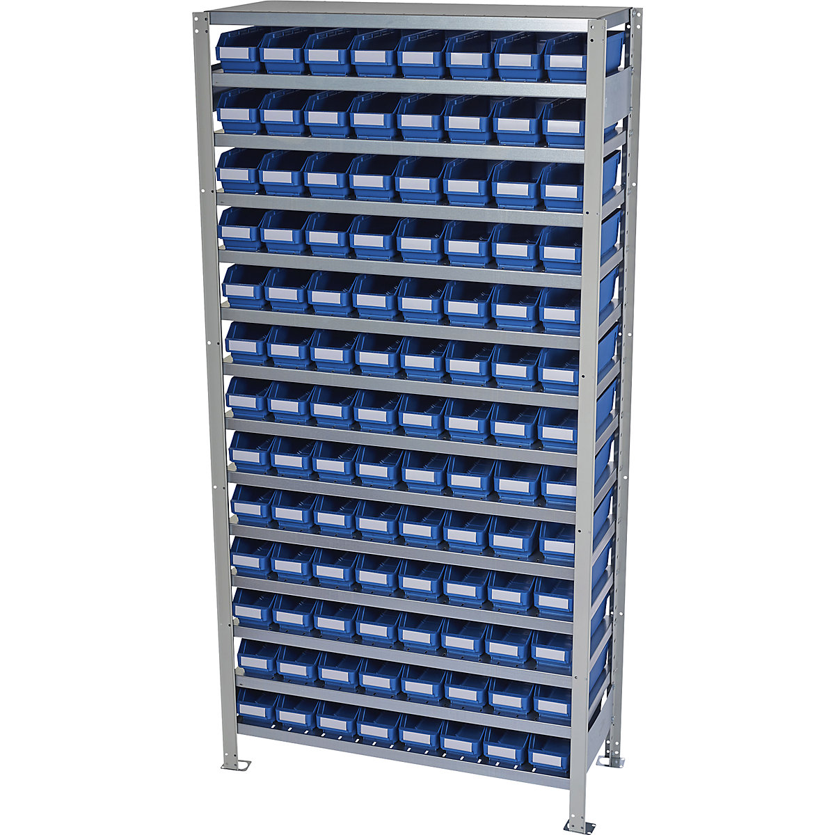 Összedugaszolós állvány dobozokkal – STEMO, állványmagasság 2100 mm, alapállvány, 300 mm mély, 104 kék doboz-32