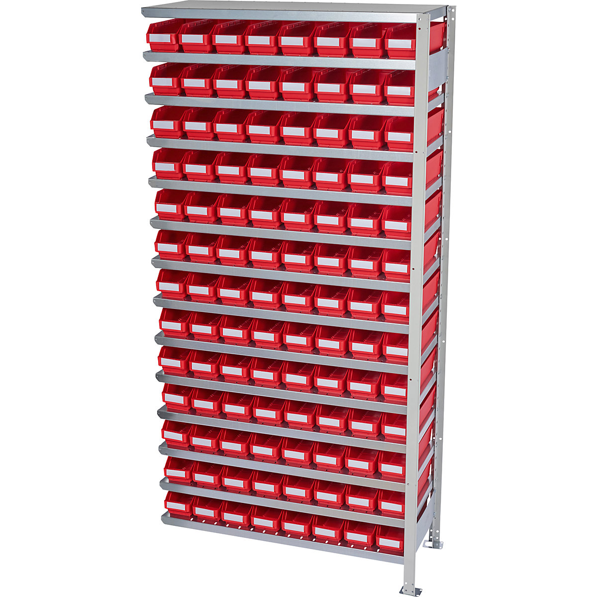 Összedugaszolós állvány dobozokkal – STEMO, állványmagasság 2100 mm, bővítő állvány, 300 mm mély, 104 piros doboz-39