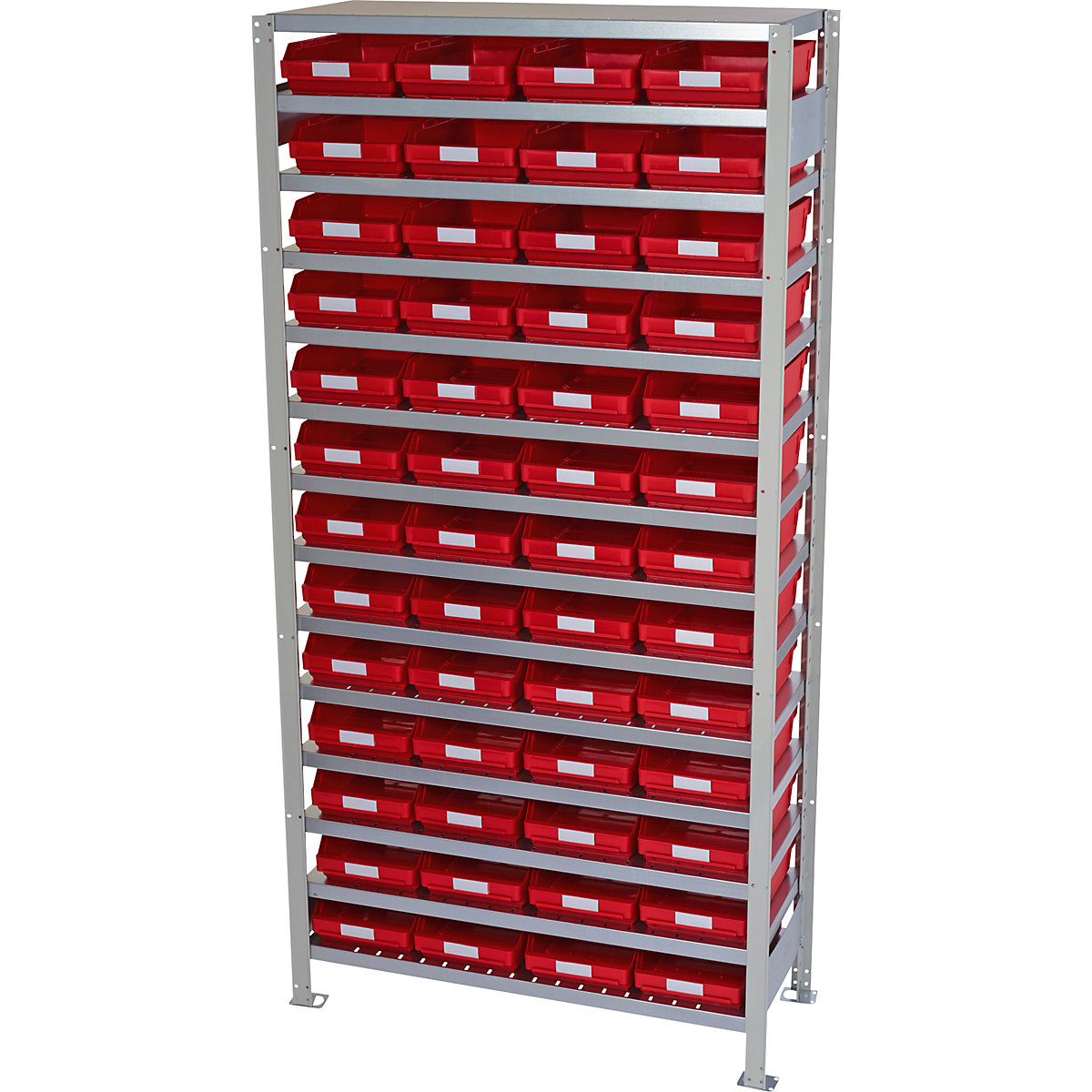 Összedugaszolós állvány dobozokkal – STEMO, állványmagasság 2100 mm, alapállvány, 300 mm mély, 52 piros doboz-6