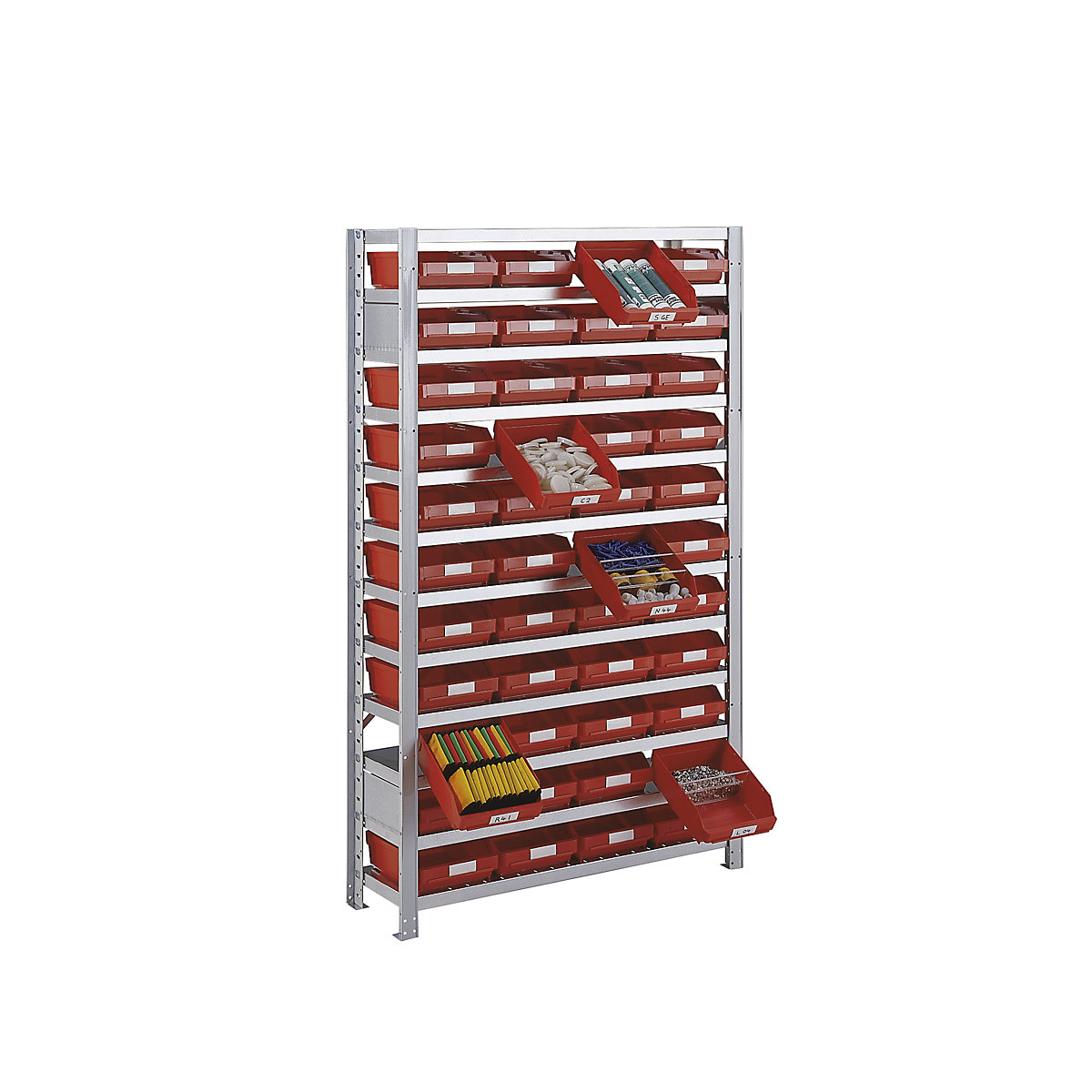 Összedugaszolós állvány dobozokkal – STEMO, állványmagasság 1790 mm, bővítő állvány, 300 mm mély, 44 piros doboz-20