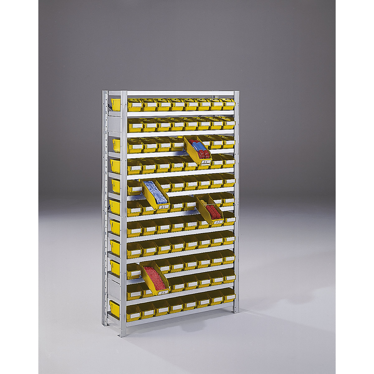 Összedugaszolós állvány dobozokkal – STEMO, állványmagasság 1790 mm, bővítő állvány, 300 mm mély, 88 sárga doboz-12